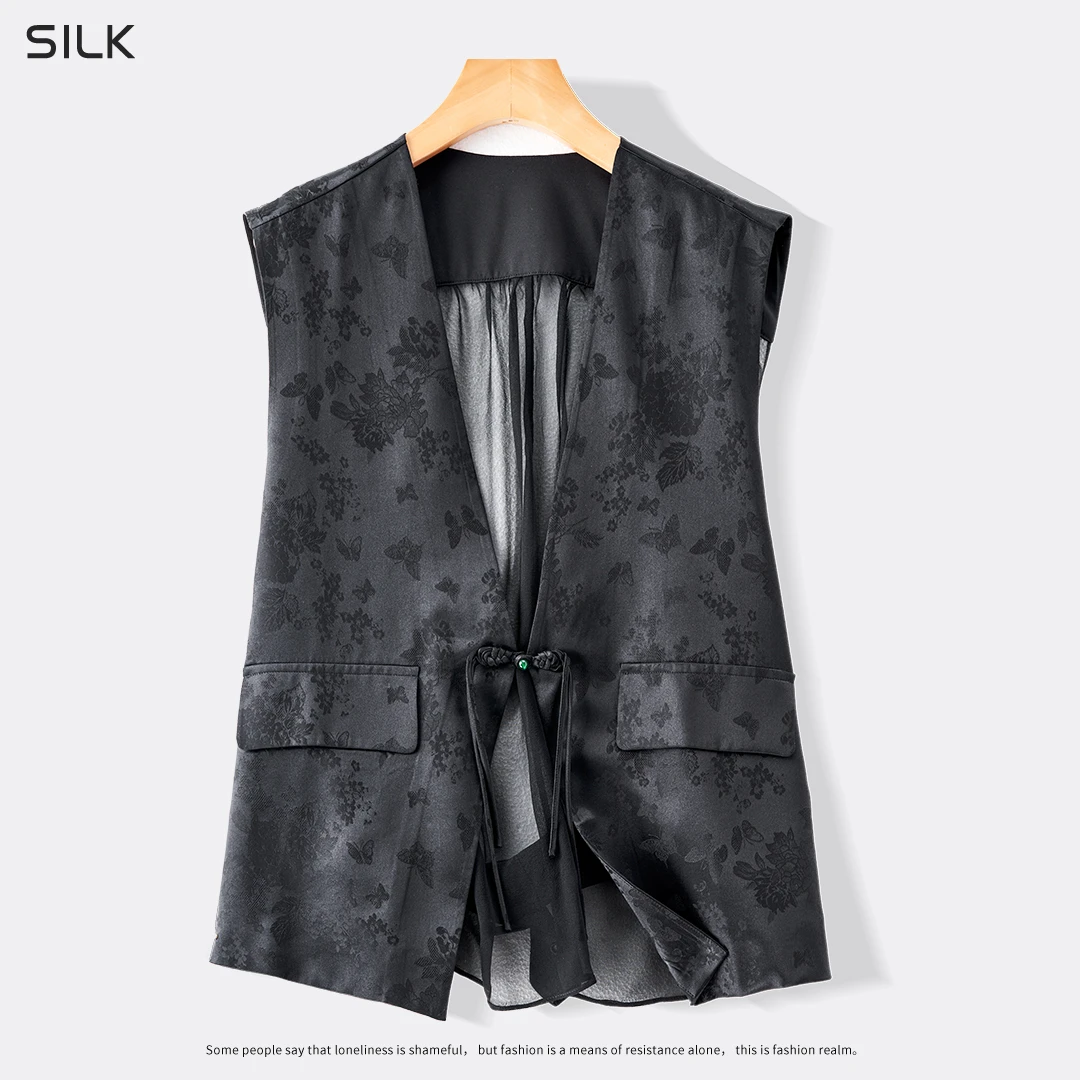 琸娅100%桑蚕丝真丝提花缎高端女装马夹后背网纱宽松时尚中式马甲