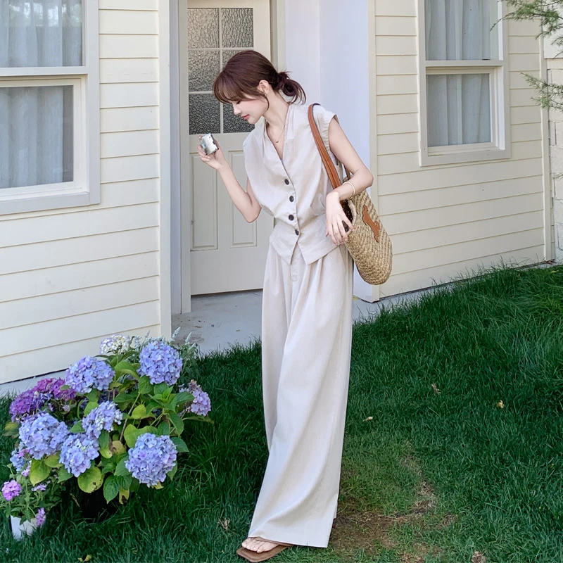 松弛感韩系ins风马甲阔腿裤套装2025女夏新款极简风穿搭两件套潮