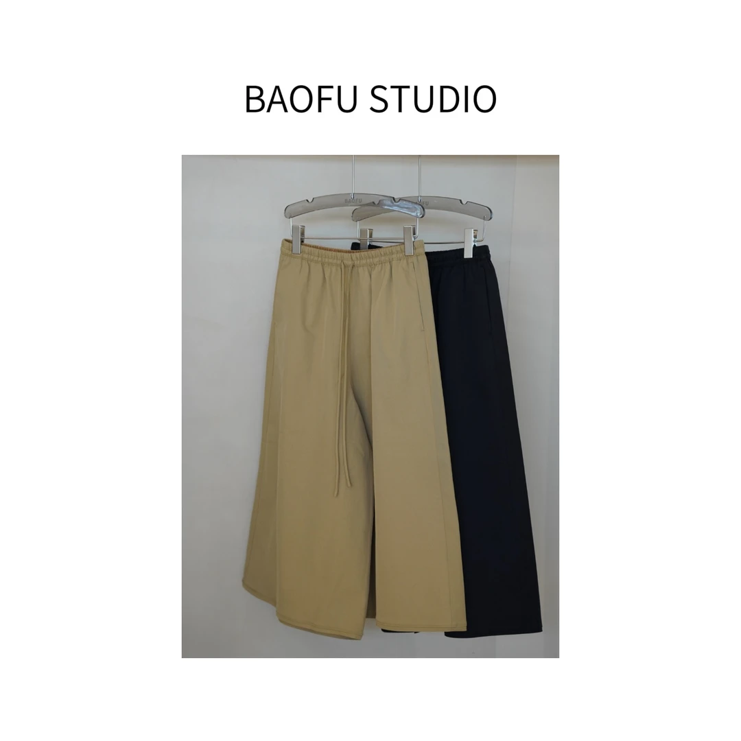 BAOFU studio | 松紧腰舒适百搭黑色系带七分阔腿裤简约腔调裙裤