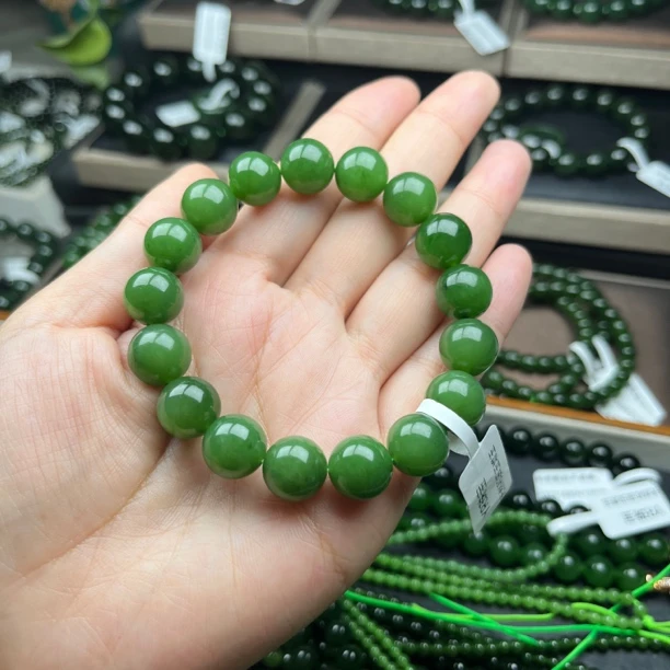 和田玉碧玉12mm圆珠手串高品质阳绿