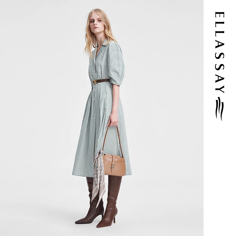 【粉丝专享】ELLASSAY棉弹条纹衬衫连衣裙女EWW351Y01100