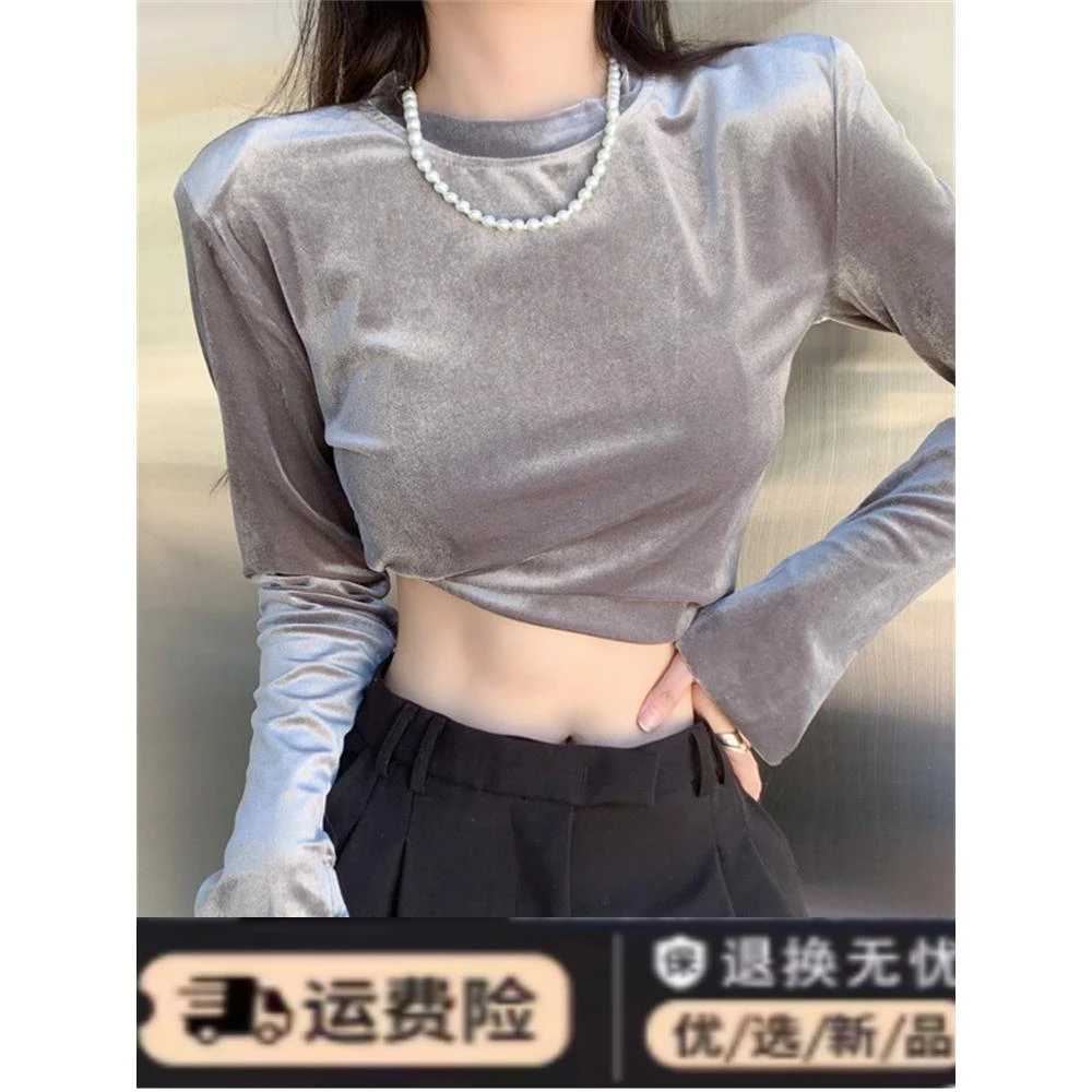 设计感小众短款长袖t恤女秋冬新款修身显瘦内搭弹力韩版打底小衫