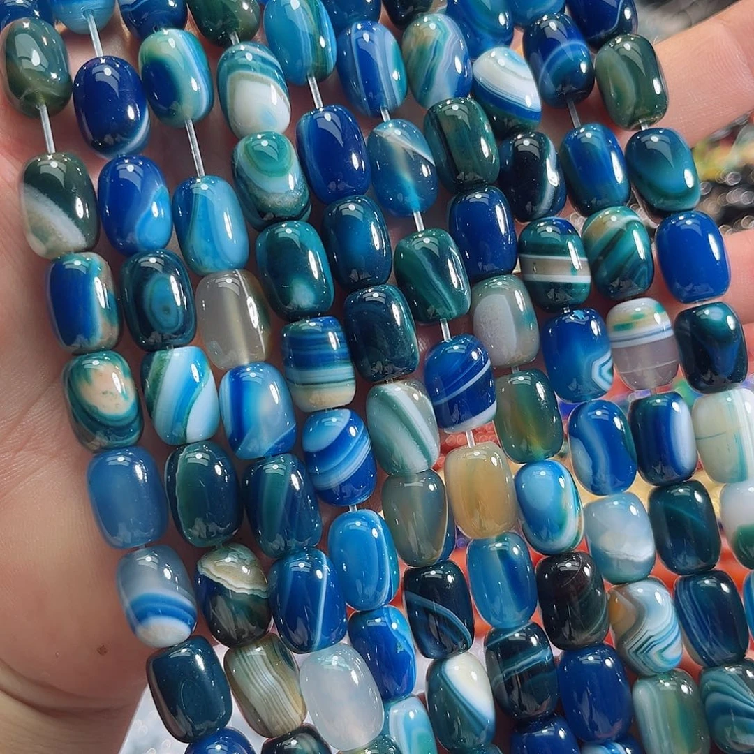 玛瑙/玉髓未镶嵌珠宝半成品蓝玛瑙桶珠一条10x13mm