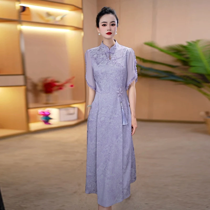 新中式国风紫色碎花连衣裙2025年夏季新款高级感气质女装修身裙子