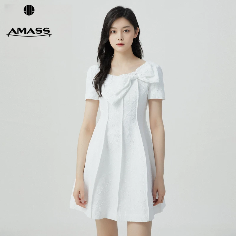 阿玛施AMASS新款女装质感方领甜美蝴蝶结短袖纯色短连衣裙5500490