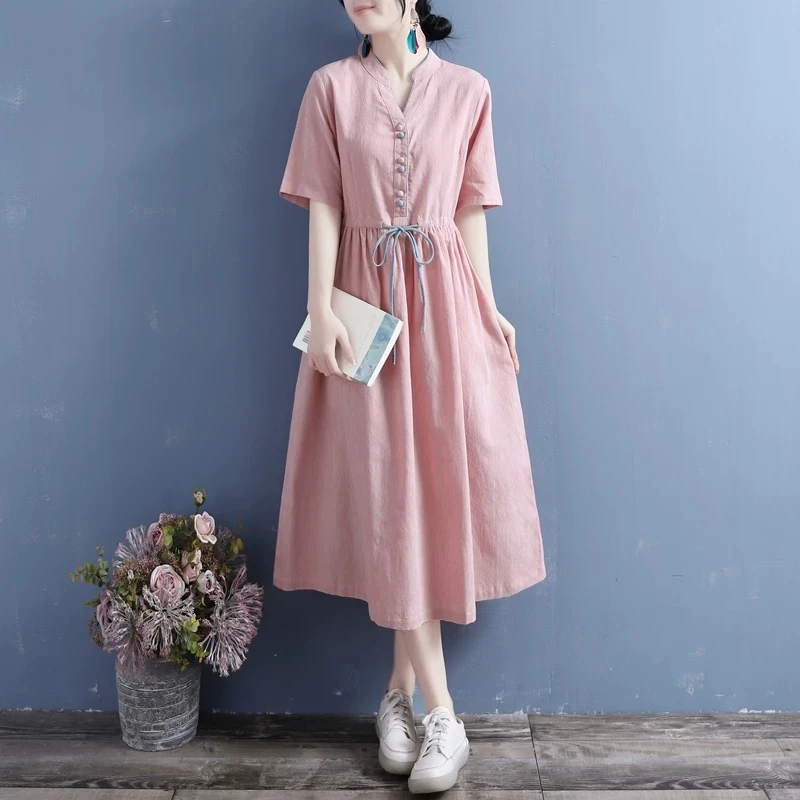复古夏季棉麻短袖连衣裙女中国风长裙子宽松显瘦A字裙女 31196