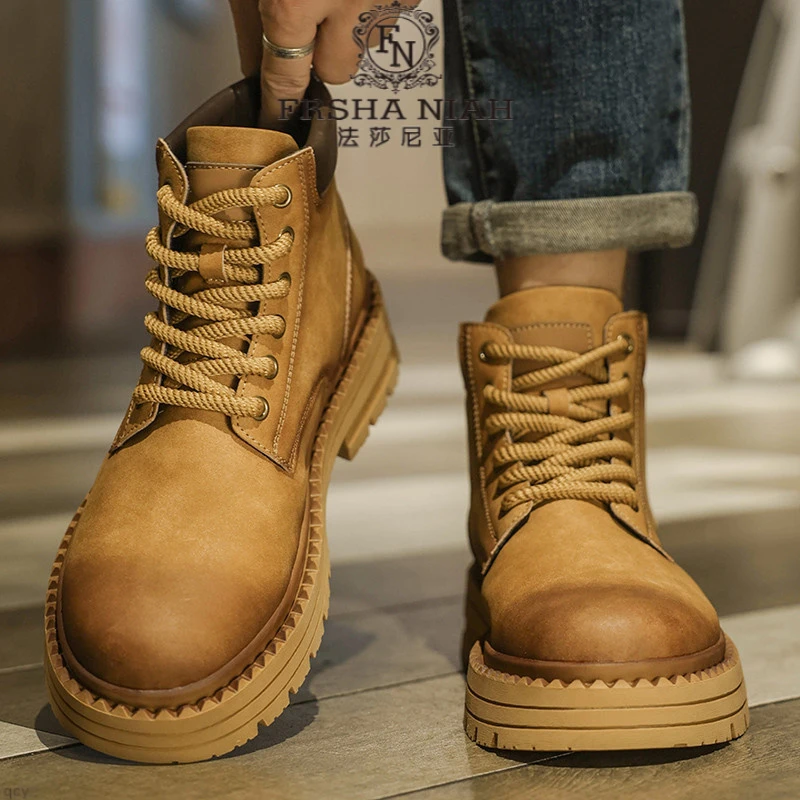 法莎尼亚马丁靴男冬季复古棕色高帮厚底工装靴男士真皮耐磨户外靴