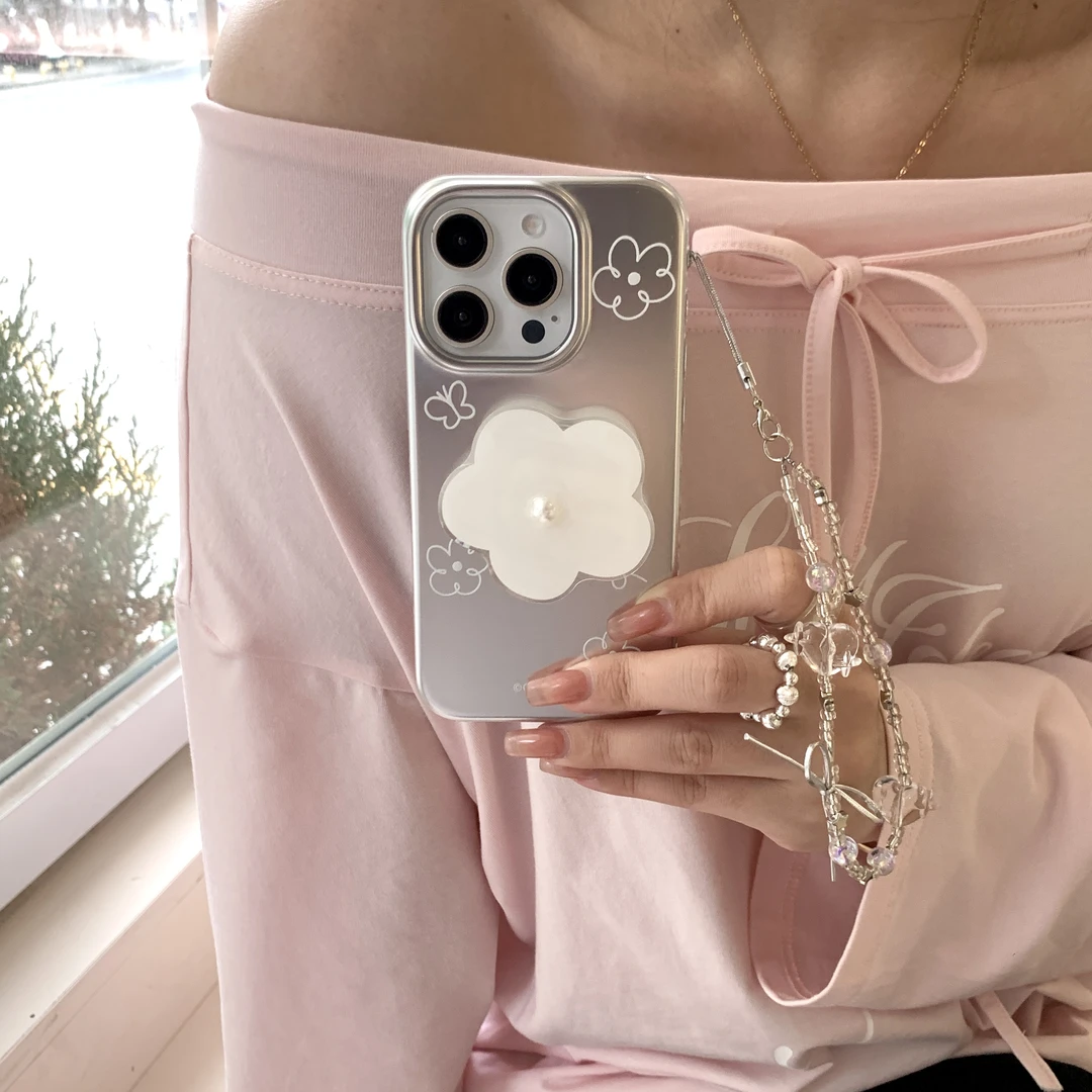 白色线条花朵适用苹果16promax银框iphone15链条14手机硬壳13支架