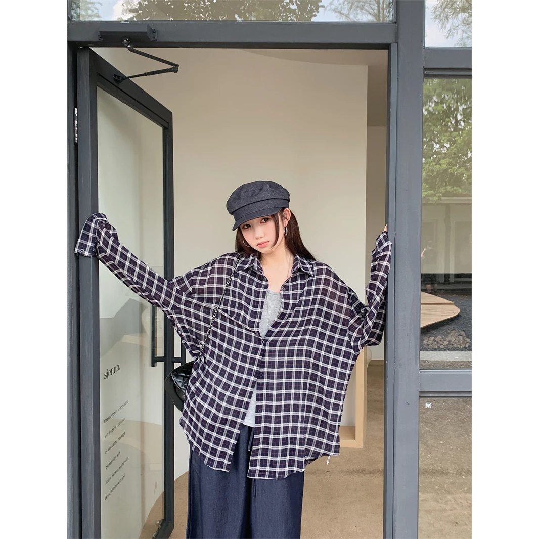 复古格子polo领长袖衬衫女秋季慵懒开衫外套宽松衬衣休闲防晒上衣