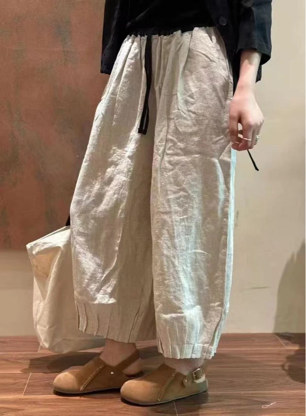 【四季青菲霏】2025夏季亚麻阔腿8分裤撞色百搭89628