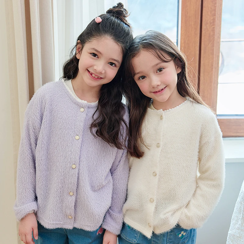 贝贝祖2025春新款儿童针织衫女大童毛衣外套开衫水貂绒女童外搭