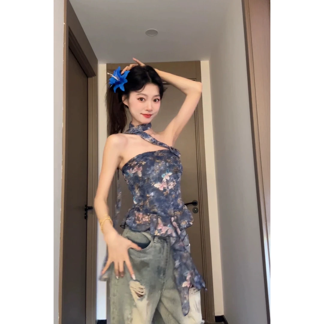 2025法式蝴蝶印花抹胸女夏辣妹挂脖短上衣