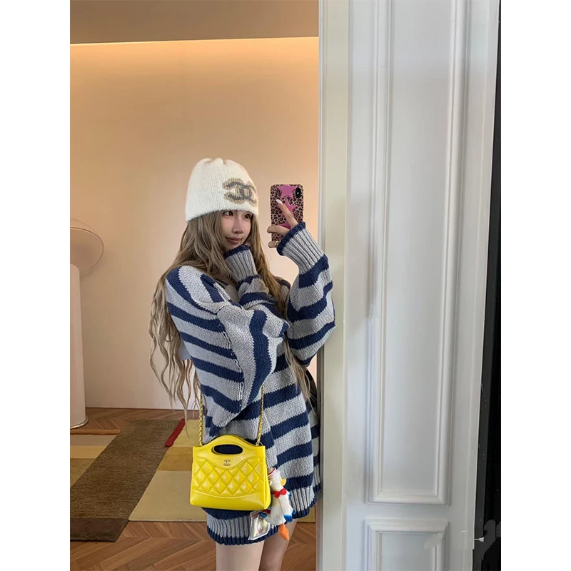 针织衫女美拉德撞色条纹V领毛衣秋季慵懒松弛感休闲软糯套头上衣