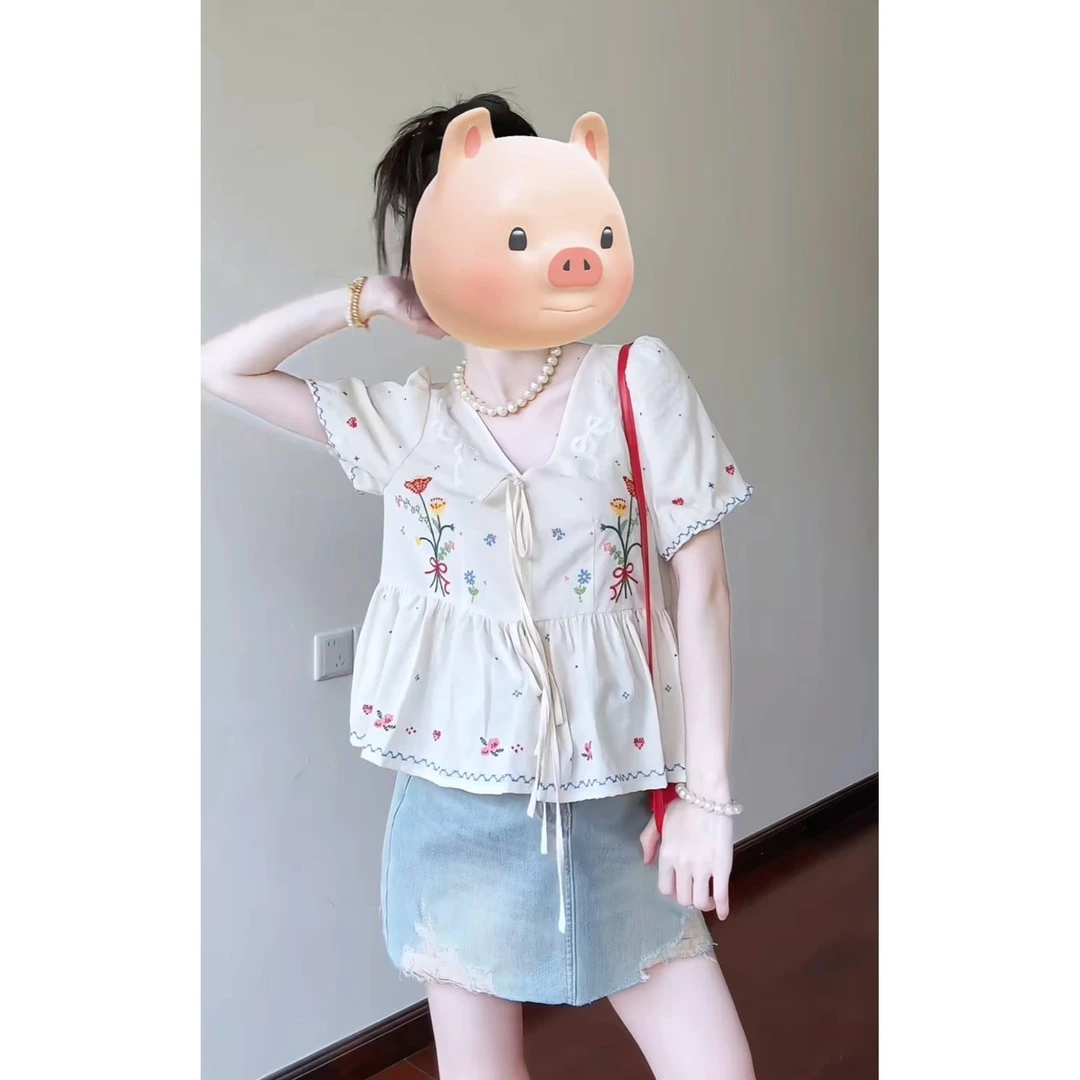 【如如】大码法式刺绣衬衫女夏季娃娃衫小衫胖MM显瘦甜美减龄上衣