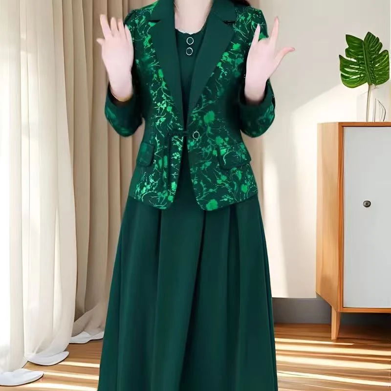 【运费补贴】高档两件套西装连衣裙春秋新款遮肚子显瘦气质妈妈套装