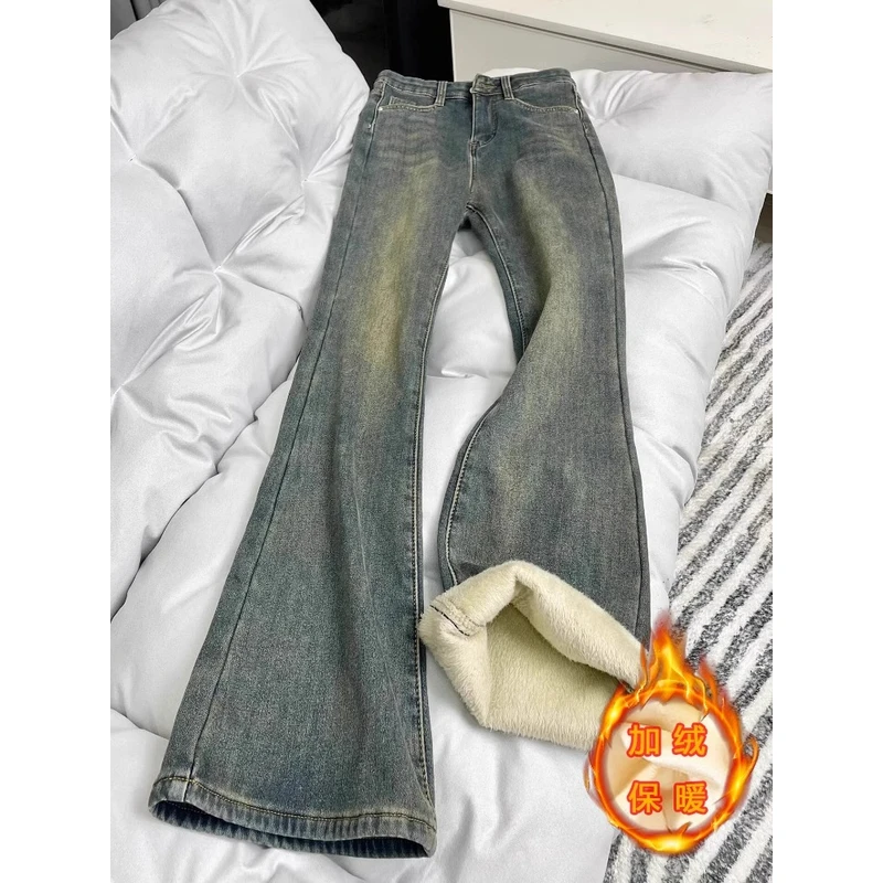 复古蓝直筒牛仔裤女秋季加绒加厚大码胖mm高腰遮胯弹力微喇马蹄裤