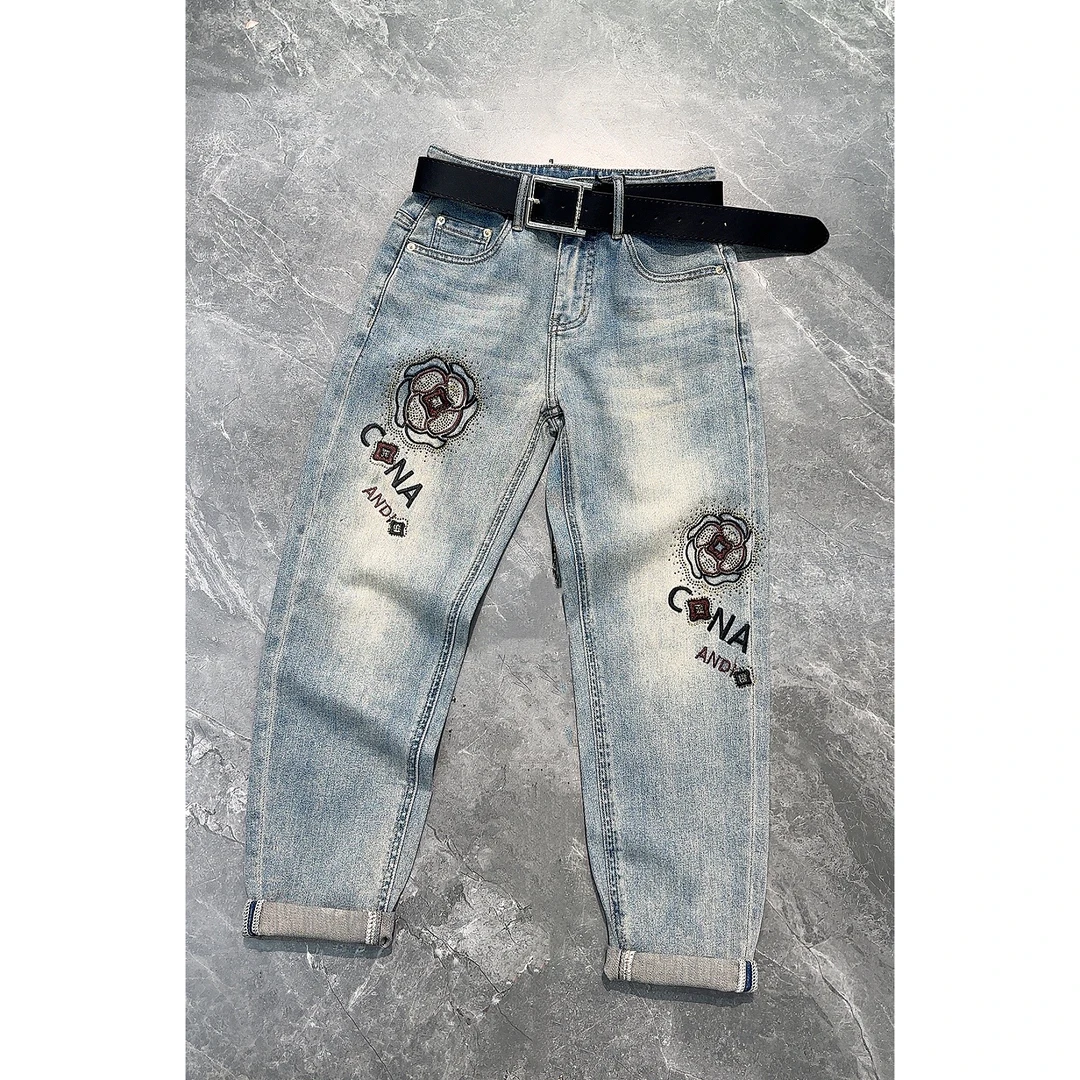 欧货春季新款小花刺绣烫钻高腰弹力显瘦牛仔老爹裤608