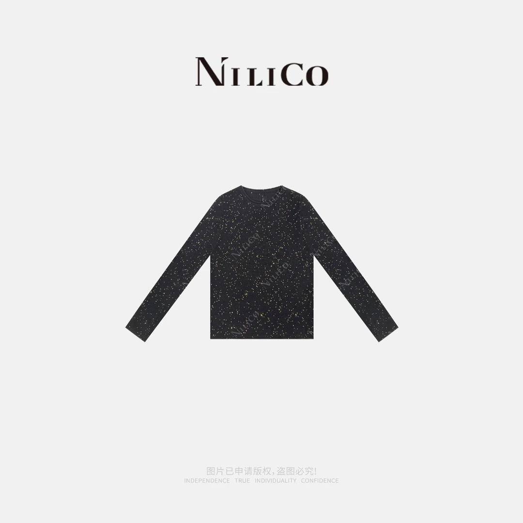 NILICO【流金岁月】法式时髦感亮片拼接气质圆领减龄百搭休闲上衣