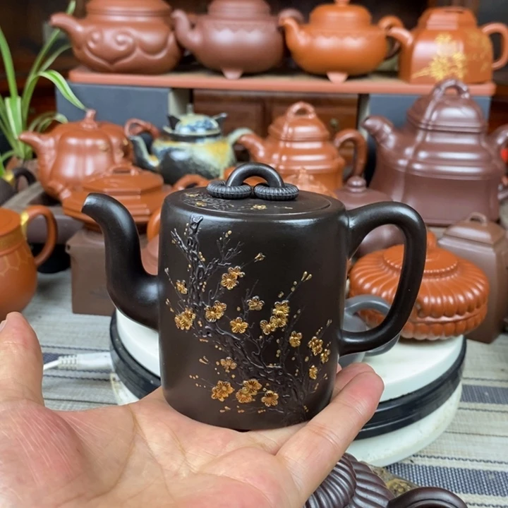 茶壶紫砂双圈240cc原矿赵庄朱泥捂灰、堆花描金工艺特价