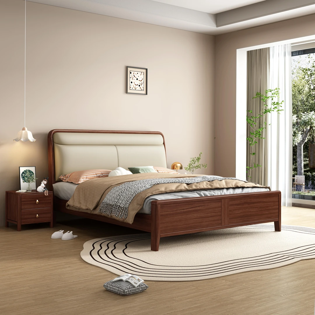 启聚B12#家用简约胡桃木现代榫卯结构床1.8x2床厂家批发实木床