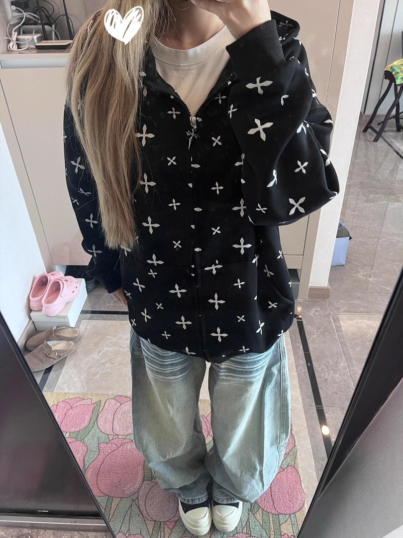 美式复古十字架满印开衫外套卫衣女设计感宽松拉链帽衫慵懒风上衣