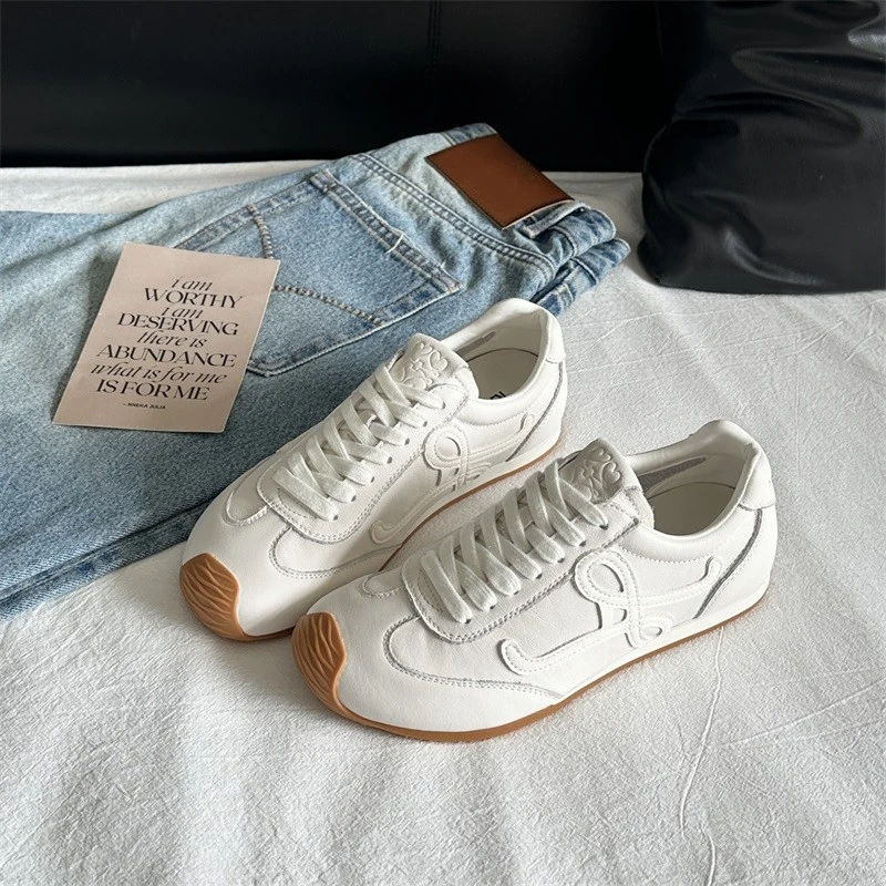 夏季真皮复古平底阿甘鞋百搭歪头软底休闲小白鞋美拉德真皮德训鞋