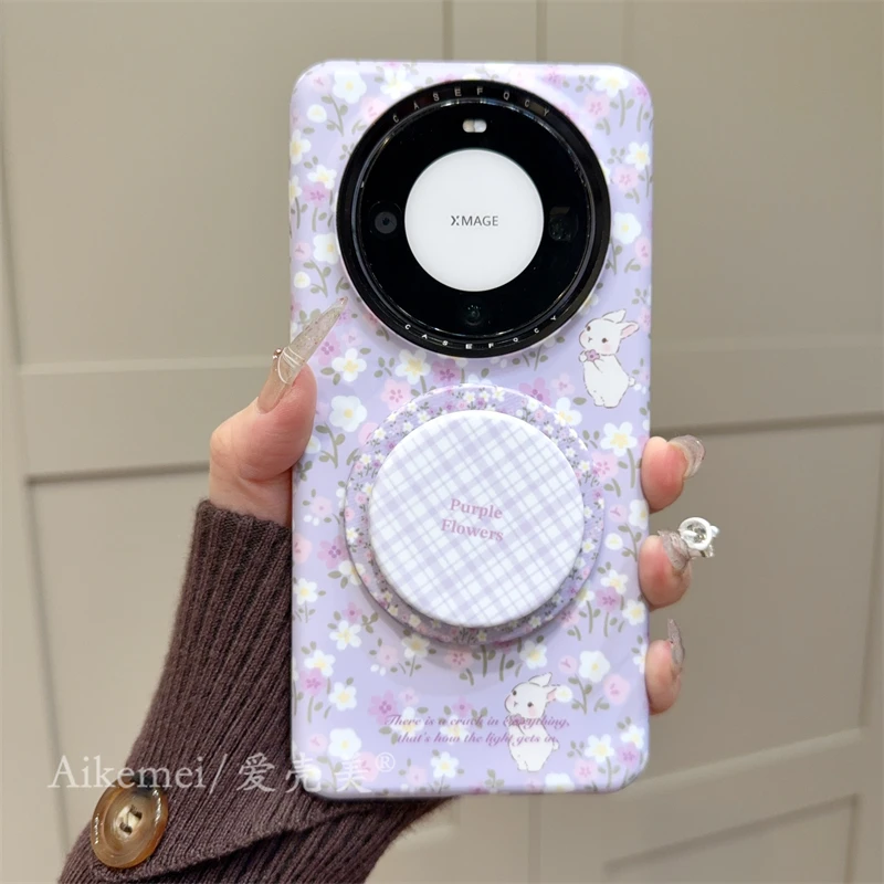 适用华为mate60pro+手机壳菲林春日紫色花圃mate60兔子磁吸支架女