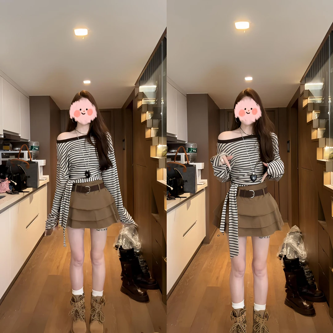 2025早秋新款后绑带设计咖色条纹拉肩T恤+咖色半身裙显瘦两件套女