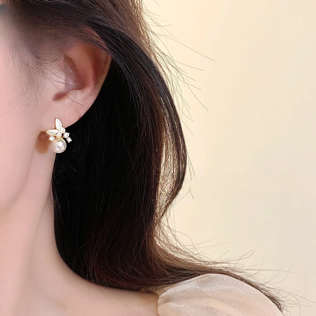 足银耳饰 999纯银蝴蝶珠珠滴釉耳钉轻奢高级感气质2025款耳环夏天