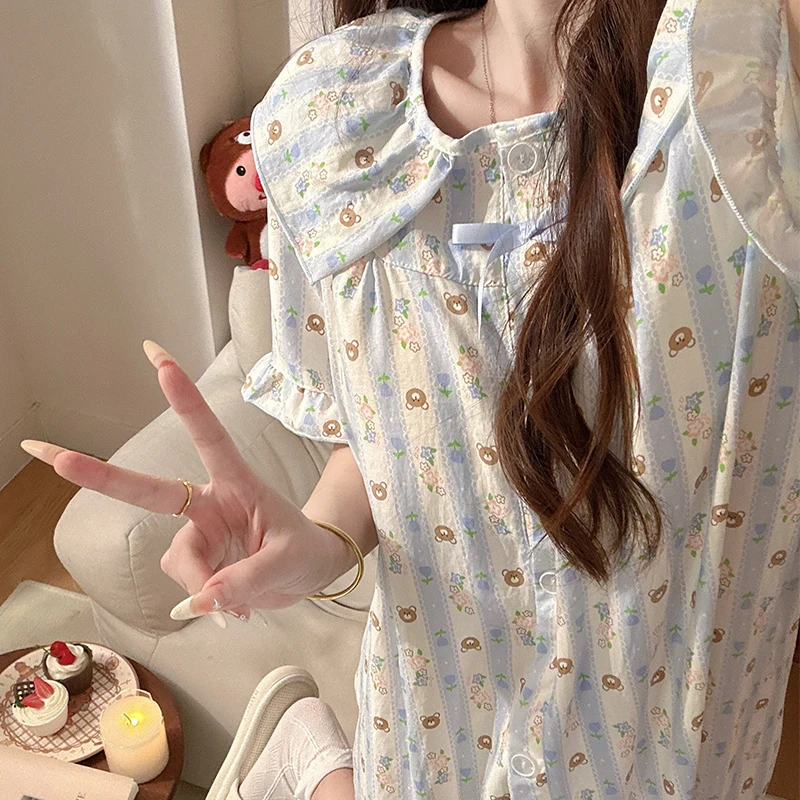蓝条小熊2025夏季睡衣少女短袖带胸垫睡裙夏天可外穿公主风家居服