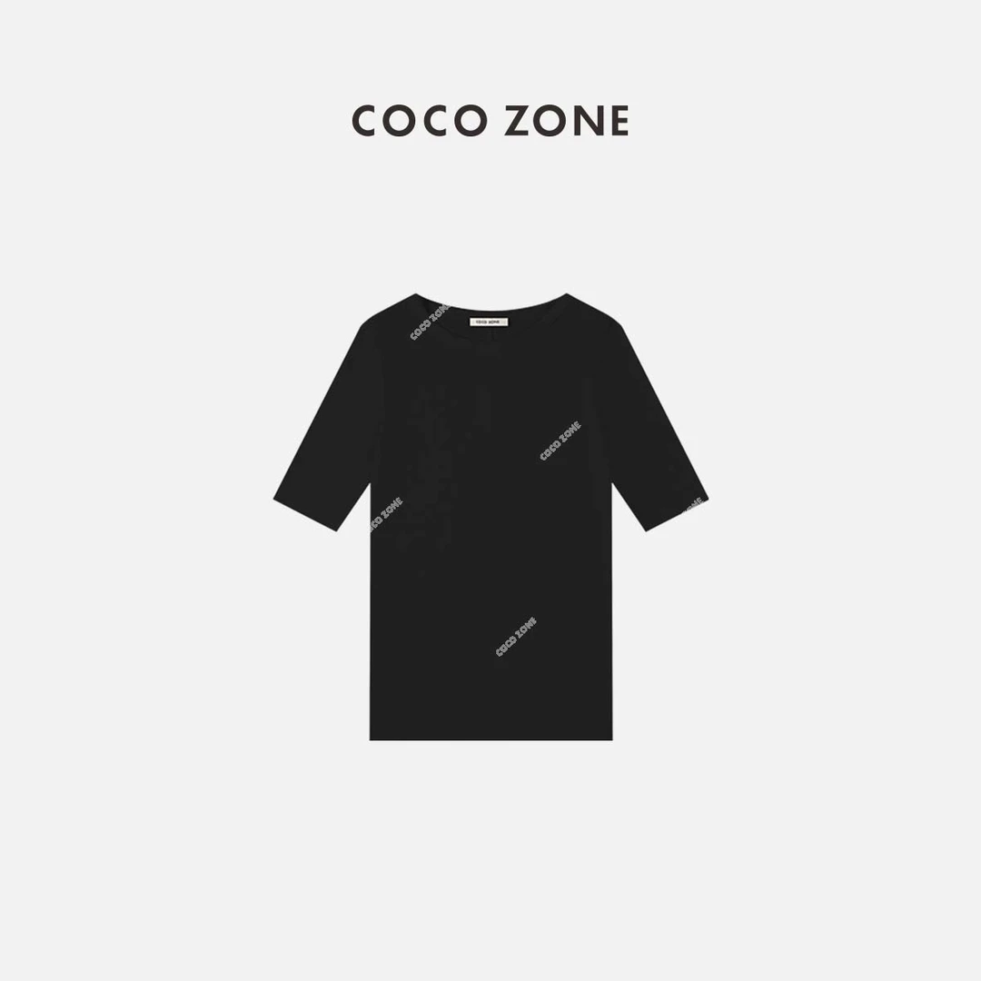 COCO ZONE 刘一一 气质螺纹Tol中袖打底衫百搭黑白上衣23C18632