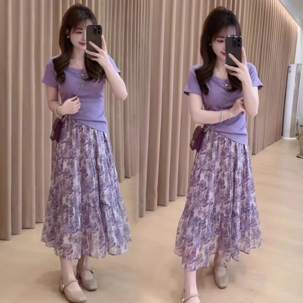 减龄一整套穿搭高级小众不撞款气质紫色短袖半身裙子两件套装女夏