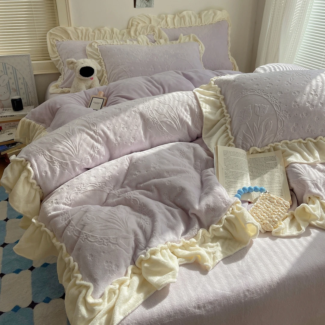 A类加厚加密牛奶绒四件套法式公主风花边立体雕花绒加绒床单被套