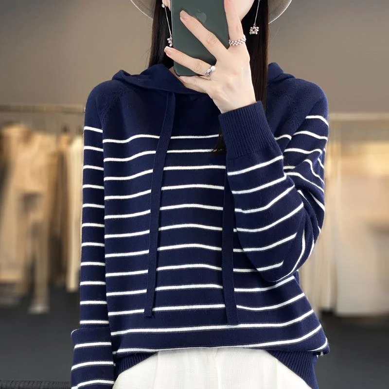 秋冬新款条纹连帽运动衫女宽松内搭连帽毛衣女减龄加厚打底针织衫