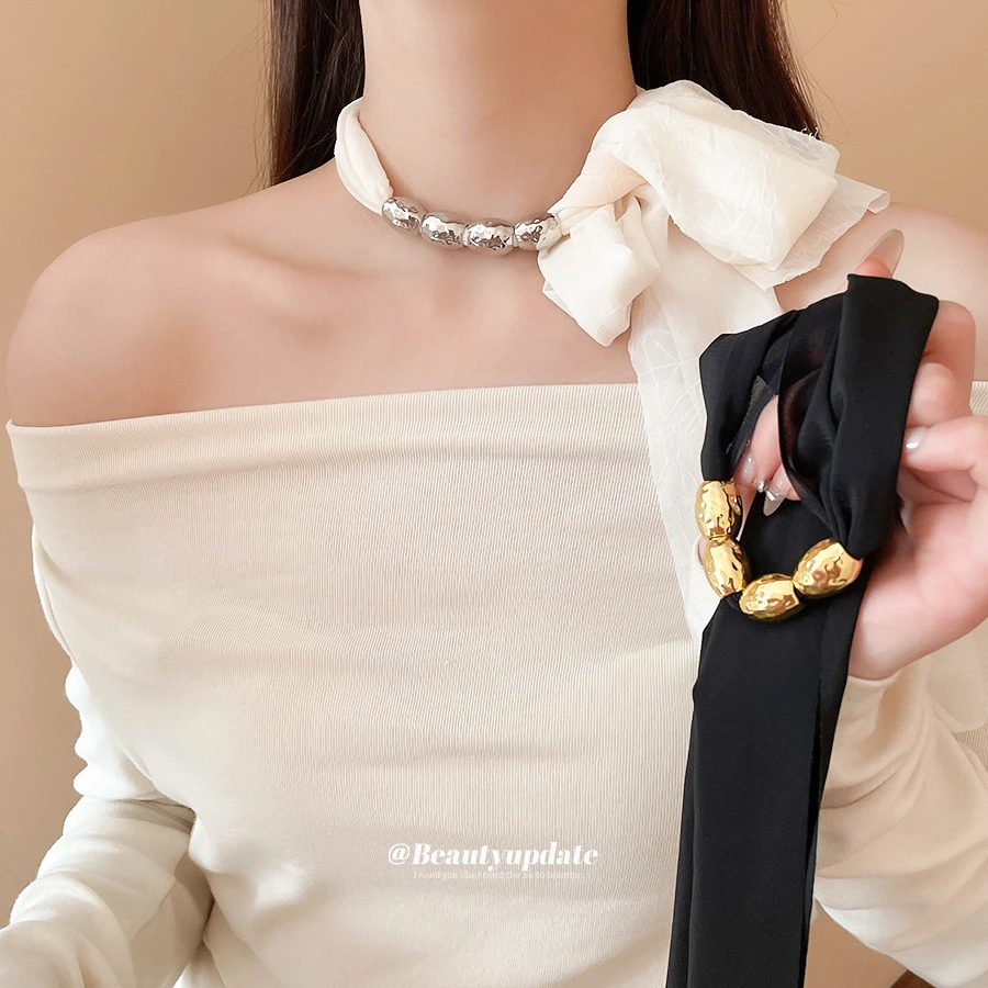 合金布艺项链 椭圆形圆球网纱项链时尚小众设计项饰个性夸张饰品