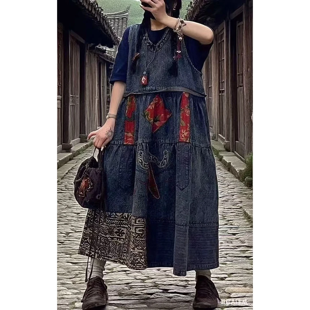 【昊雅】早春新款民族风大口袋宽松显瘦减龄A版背带牛仔印花连衣裙