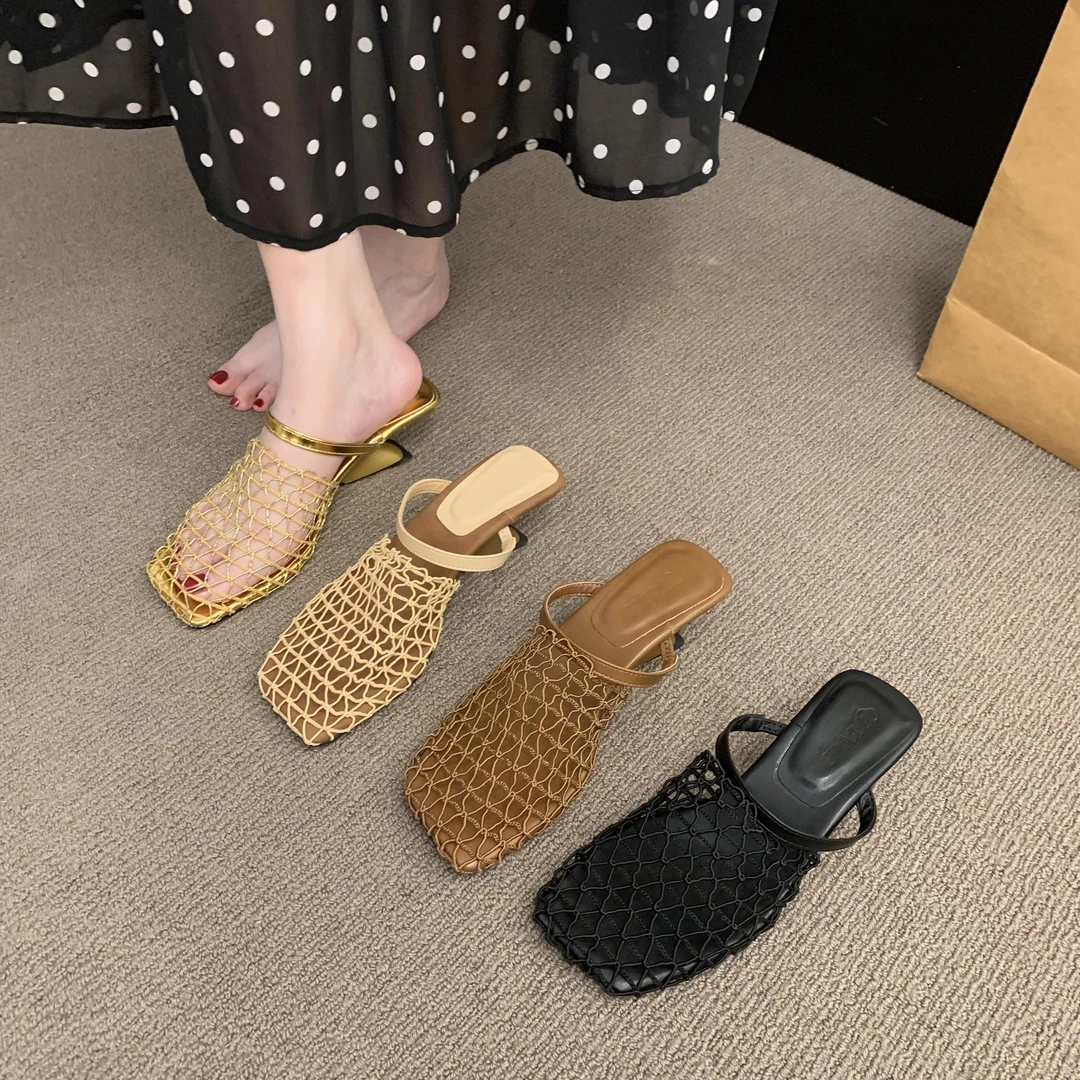 法式~！法式小众渔网穆勒鞋透气网面镂空编织坡跟高跟凉鞋拖女夏