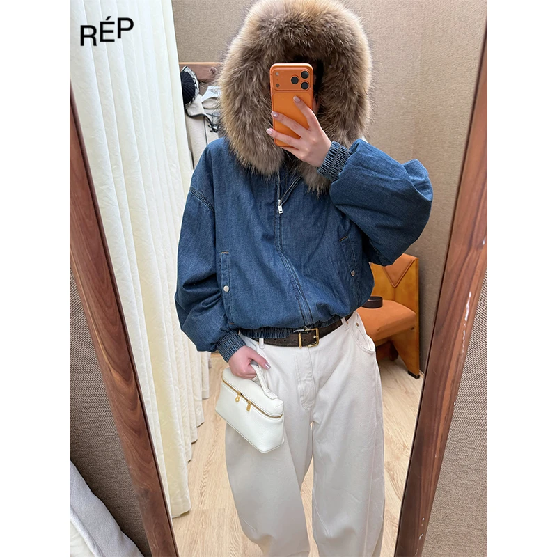 REP-IMMI设计师品牌藏青牛仔绗棉毛领连帽夹克 25FW秋冬新新品