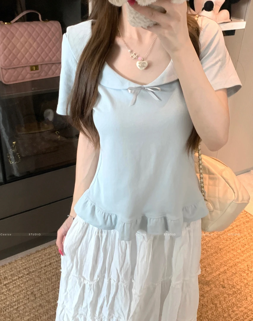【贝蒂】大码胖mm设计感欧若风翻领蝴蝶结上衣显瘦高级感褶皱T恤女
