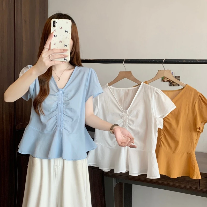短袖夏季衬衫上衣女设计褶皱V领时尚收腰显瘦甜美可爱风格衣服潮