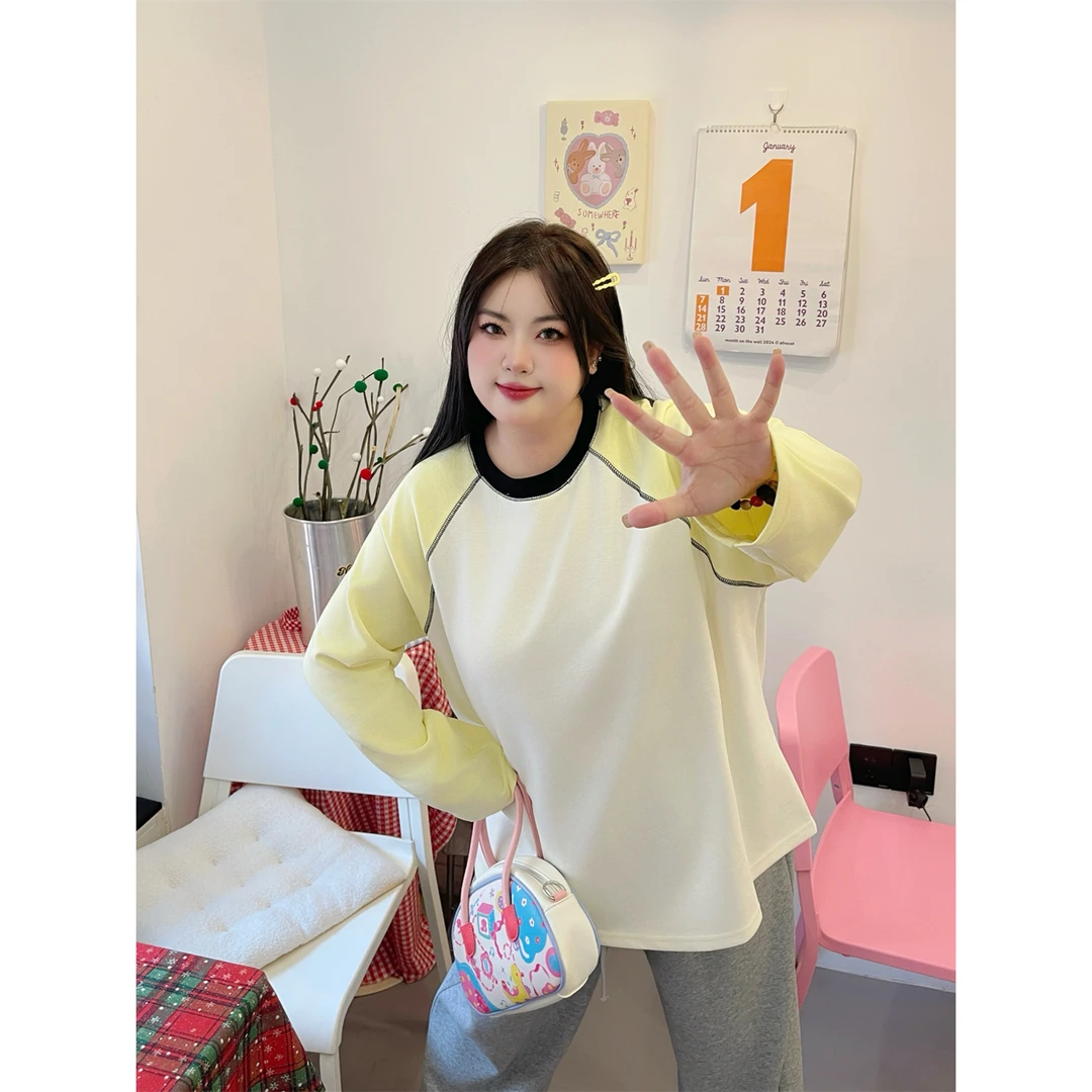 豆蔻悸动 / 轻系感撞色长袖t恤12539花契200斤胖mm春季简约洋气