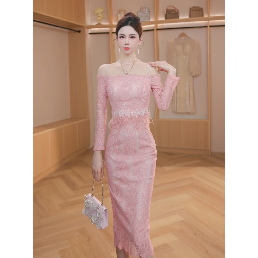 新款秋冬时尚蕾丝设计师重工高级优雅气质轻奢长袖连衣裙20690