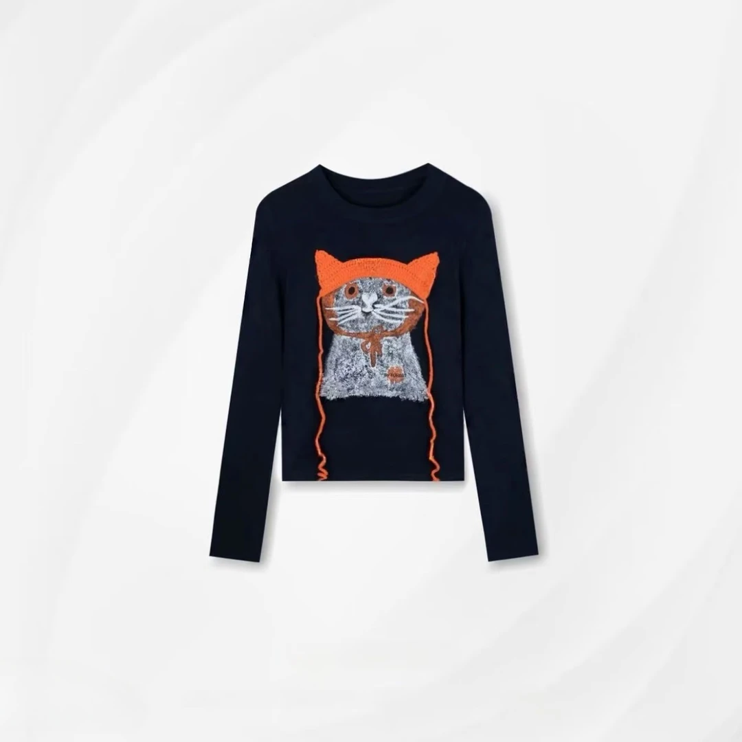 【戴帽小猫】秋新款流光风卡通猫咪印花长袖T恤上衣