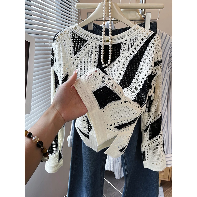 法式休闲复古通勤长袖针织衫女2025年秋宽松气质显瘦镂空撞色上衣