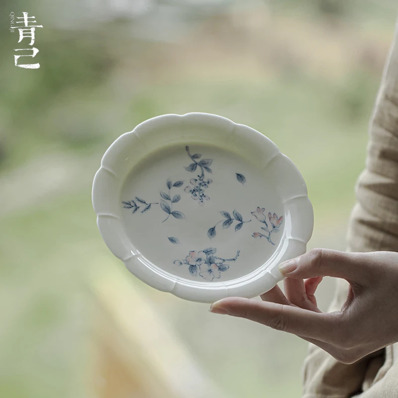 青己手绘花边壶承功夫茶具青花釉下彩海棠朵朵茶道配件多用陶瓷盘