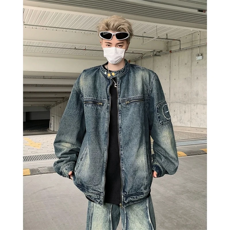 【金果子】2025美式高街机车牛仔外套水洗做旧宽松拉链夹克JK8636