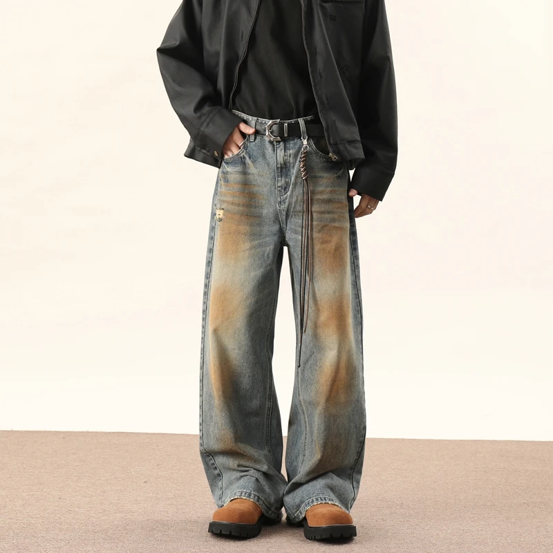迈特优春季新款扎染水洗美式渐变直筒牛仔裤高街复古潮流长裤5035