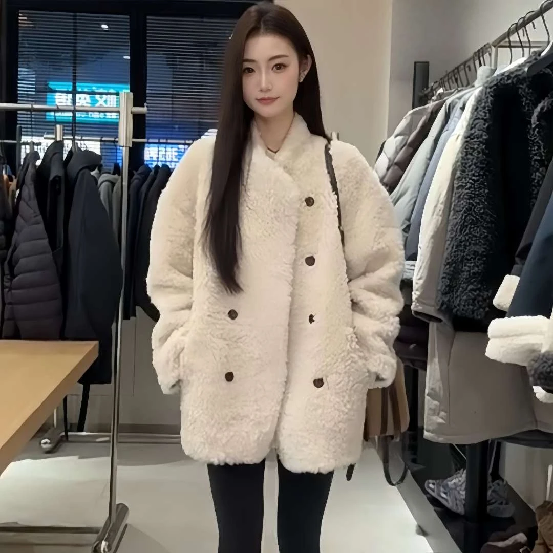 百搭双排扣加厚保暖皮毛一体外套女2025冬季新款小个子洋气大衣潮