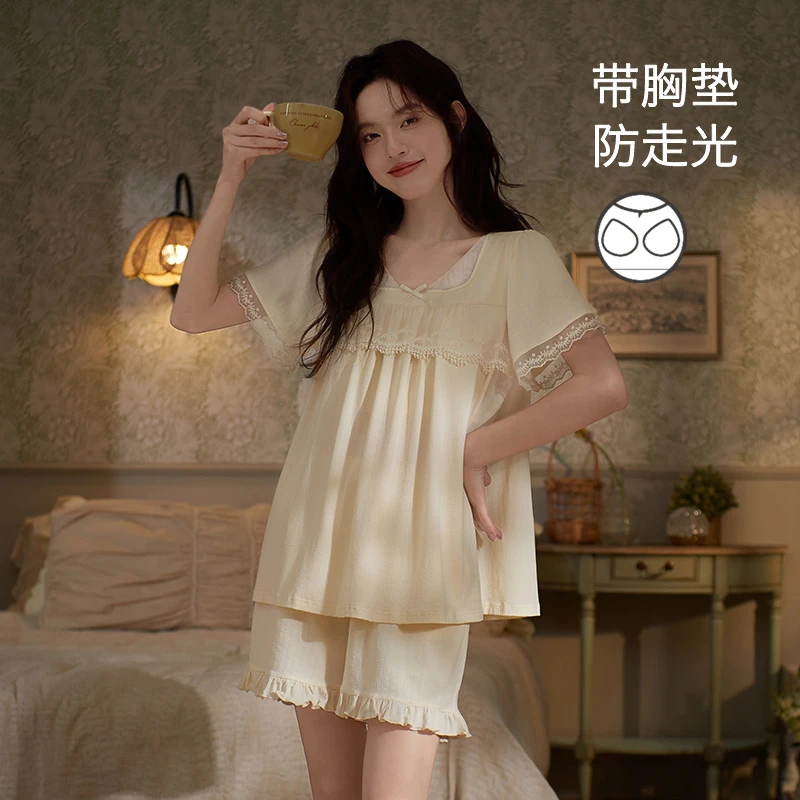 思莉太太带胸垫睡衣女夏季2025新款甜美蕾丝网纱莫代尔宽松家居服