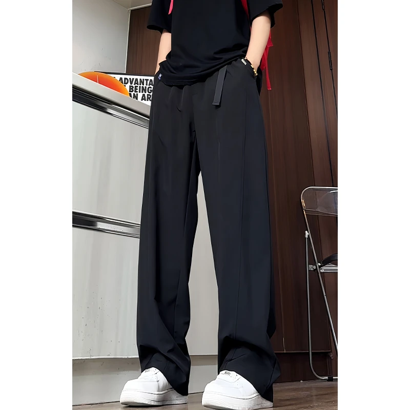 卡扣冰丝裤子男夏季薄款潮牌设计感垂感西裤宽松直筒阔腿休闲长裤